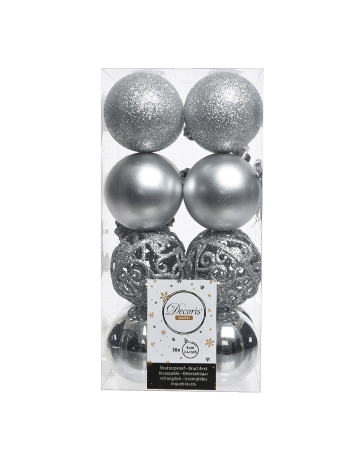 Set 16 globuri shatterproof silver asortate 6cm Decoris