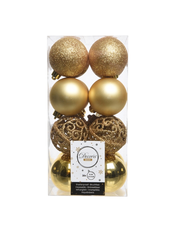 Set 16 globuri shatterproof gold asortate 6cm Decoris