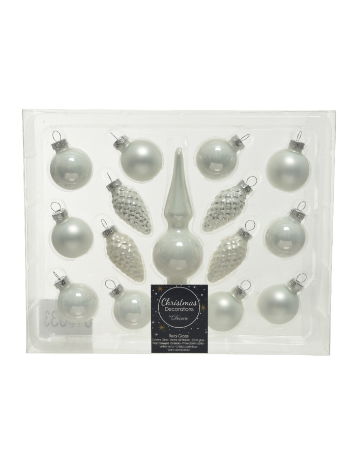 Kit 15 globuri de Craciun din sticla pt bradut winter white mix 3-13cm Decoris