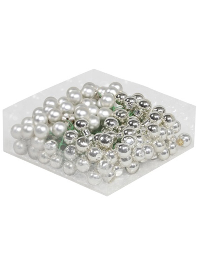 Set 144 globuri din sticla argintiu mat+lucios 2 cm cu sarma