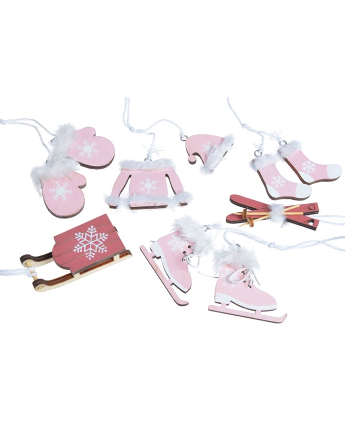 Figurine de Craciun roz | set 6 ornamente din lemn