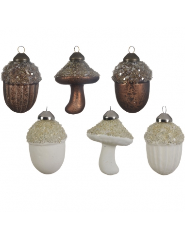 Figurina Craciun din sticla ghinda / ciuperca white / chocolate 8cm Decoris