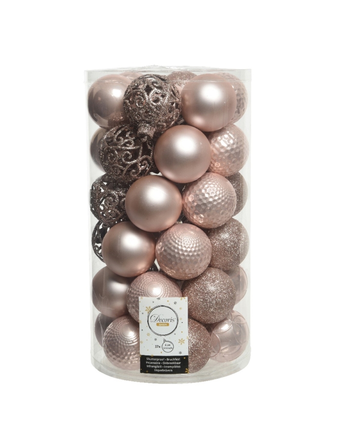 Set 37 globuri blush pink matt, shiny, glitter 6cm Decoris