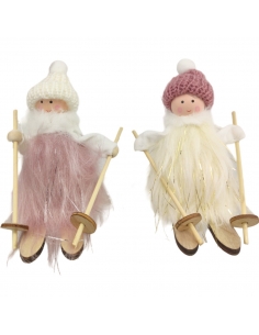 Ornament brad papusa cu schiuri, rochita din blanita 12cm